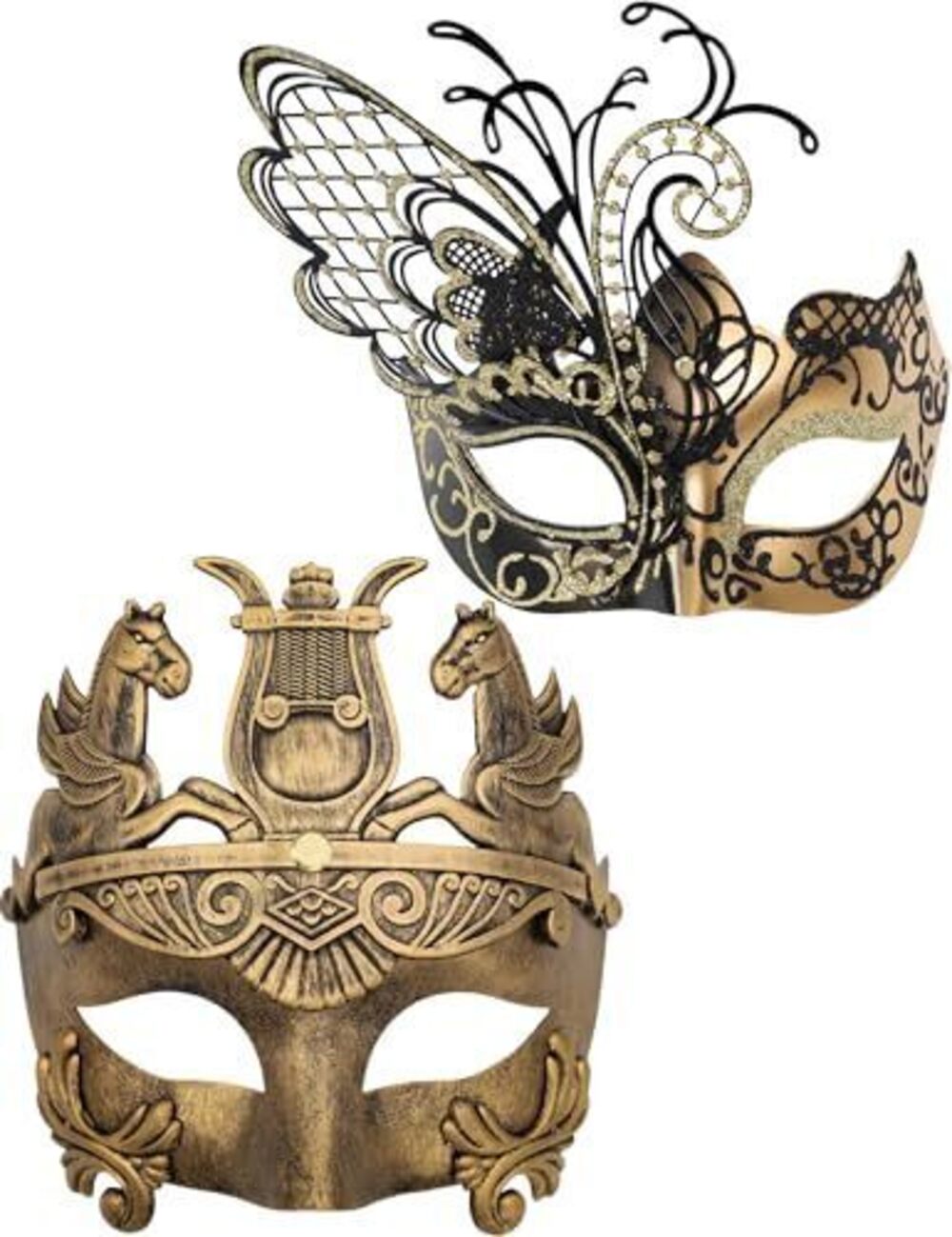 3250 Gold/Black Butterfly Mask & Silver Roman Warrior Mask Venetian Couple